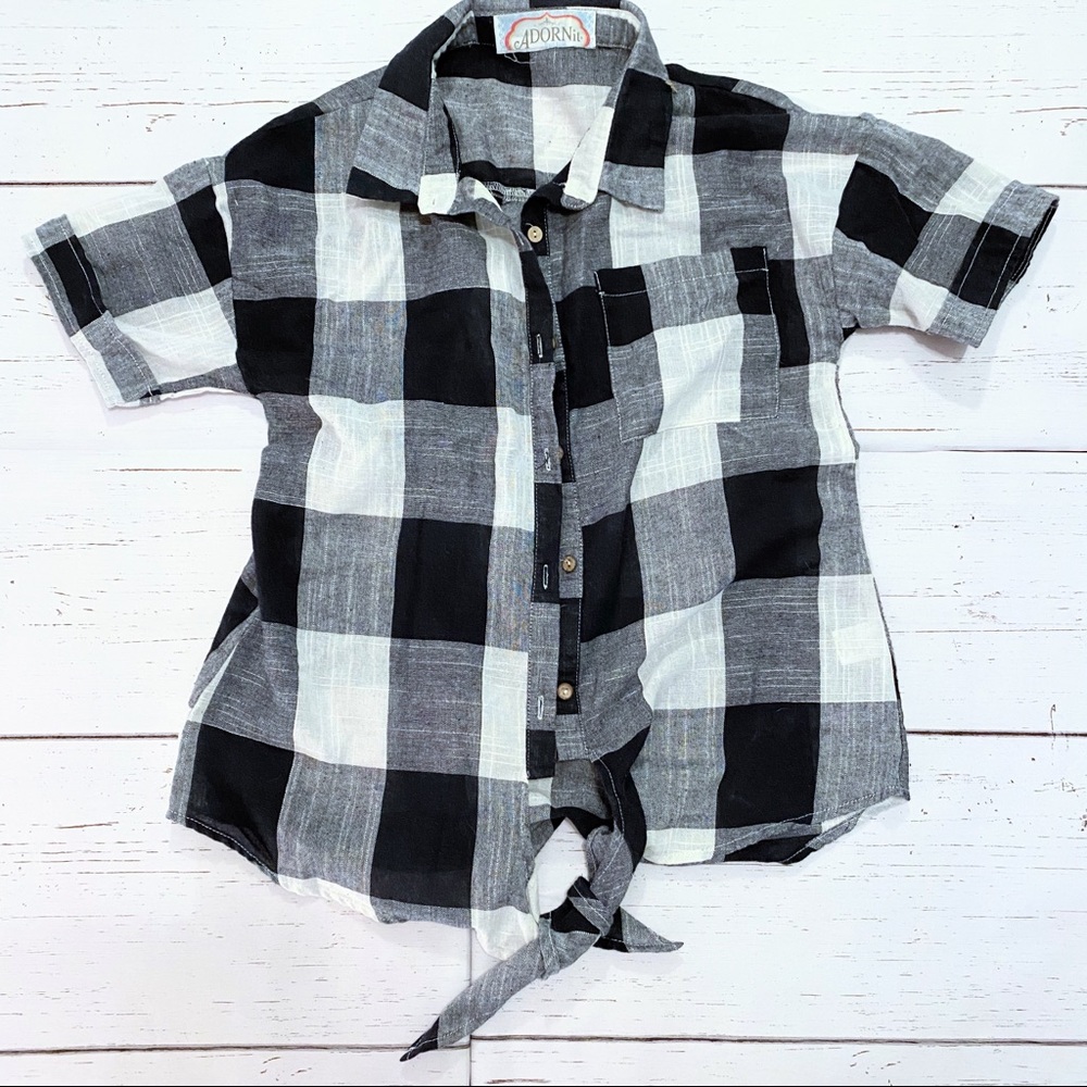 Adorn It navy plaid button up tie front short sleeve shirt